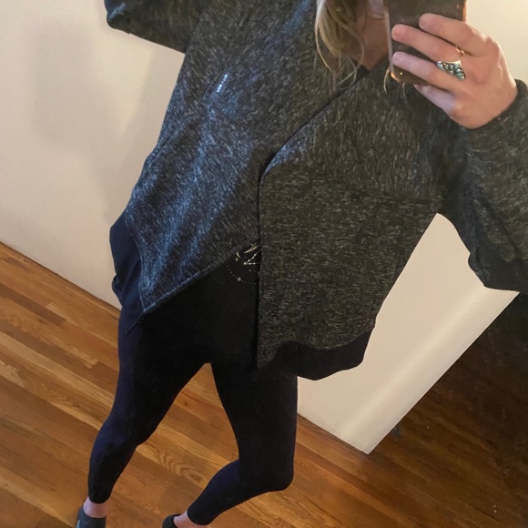 Charcoal Gray Fleece Moto sweatshirt shacket w/ black elbow patches & waistband - Picture 8 of 16